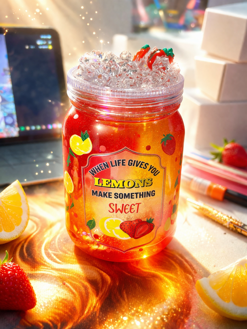 20 oz mason snow globe tumbler , Sweet, sparkling, and impossible to resist 🍓🍋✨