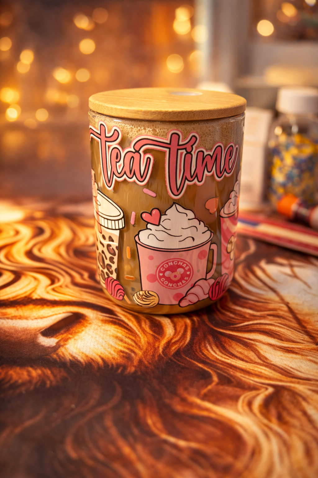 15 oz glass Snowglobe tumbler very Cute “Tea Time” design with cozy, aesthetic vibes